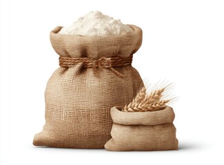 Two burlap sacks filled with flour, tied with rope, and a wheat stalk beside