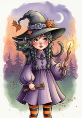 watercolor illustration of cute witch with black cat familiar. charming girl in dress and witch hat. artwork with magical atmosphere for Halloween greeting card and children's fantasy stories