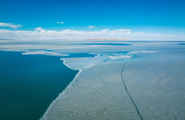 Aerial view of beautiful frozen lake in Tibet,China