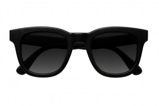 Sleek black sunglasses featuring contemporary design, resting against transparent backdrop, conveying urban sophistication and summer style