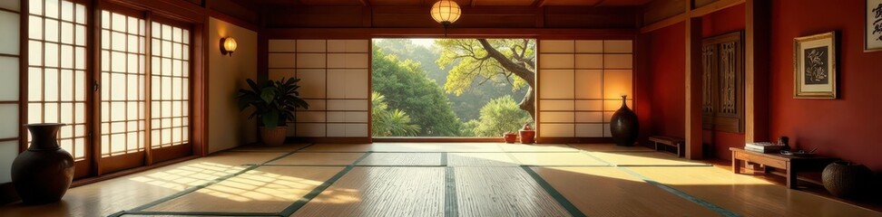 Traditional dojo, tatami mats, Japanese decor, intense, peaceful, wooden floor