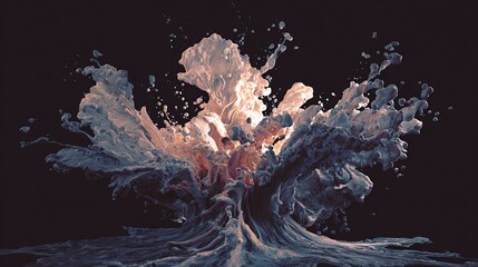 A dynamic, abstract explosion of creamy, off-white and muted orange liquid against a stark black background, resembling a stylized volcanic eruption or a surreal floral bloom