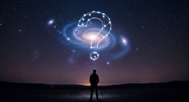 A person stands under a starry night sky, contemplating a glowing, cosmic question mark superimposed over a distant galaxy, symbolizing existential inquiry and the mysteries of the universe.