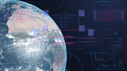 View of planet Earth from a spaceship with futuristic data and interface elements appearing on screen, sci-fi concept for exploration or analysis - Powered by Adobe