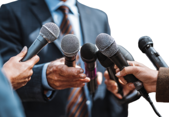 Press conference microphones.  Hands of reporters holding microphones angled towards a person in a suit