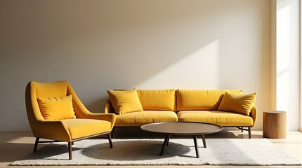 Stylish yellow armchair and sofa create a vibrant, modern living room ambiance with soft natural light.