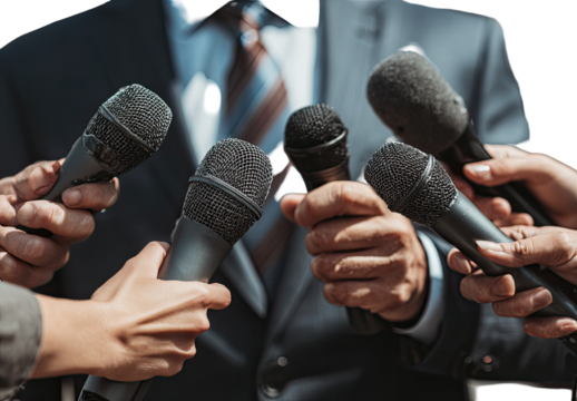 Hands holding microphones close to a man in a suit