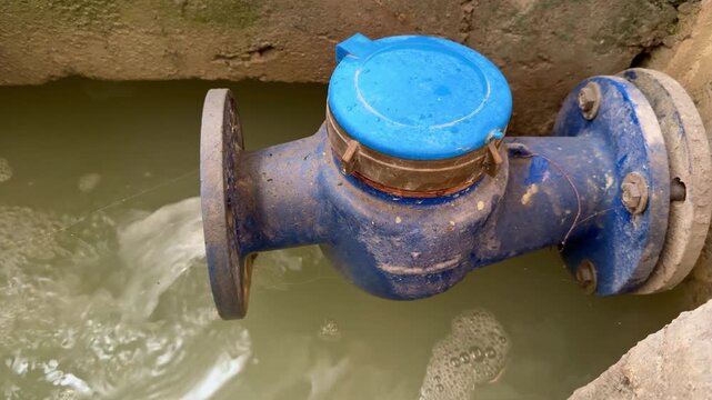 Chemical industrial waste water pipe with closed meter cover discharging water into wastewater treatment plant.