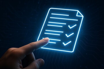 Hand touching a digital checklist on a screen for task management concept