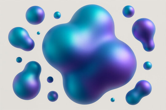 Abstract liquid blob shapes with iridescent blue and teal hues floating in a minimalist space - Powered by Adobe