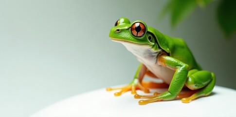 Obraz premium European tree frog ascends white backdrop, vibrant green skin , frog, nature, leaping