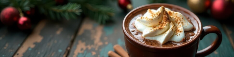 Marshmallow-topped cocoa, festive list, vintage backdrop Overhead view , comfort, marshmallows, flat lay