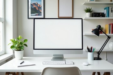 Refined business workspace, organized desk accessories, white background , stylish, minimal