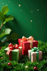 Fototapeta premium Several uniquely decorated gift boxes, lush green backdrop, texture, different, shapes