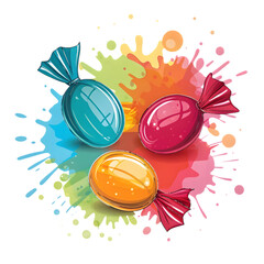 Colorful Candy Wrappers with Paint Splatters sweets isolated on a transparent background