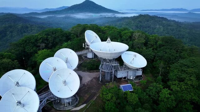 Aerial Exploration of Radio Telescope Observatory Amidst Lush Green Tropical Forest