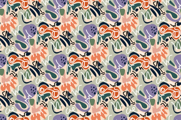Colorful Abstract Pattern with Organic Shapes and Bold Lines in Repeating Design