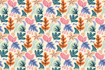 Playful Floral Pattern with Abstract Shapes and Bold Outlines on a Creamy Background