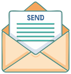 Send message concept with a cartoon open envelope and letter. Email and mail communication vector icon.