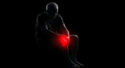 Silhouette of elderly figure sitting and holding knee With Red Glow Highlight symbolic arthritis pain illustration