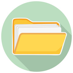 Yellow Document Folder Icon with Paperwork and Round Background for Data Storage