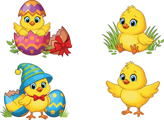Cartoon yellow chicks in Easter theme, decorated eggs, spring holiday celebration, cute baby birds illustration, festive seasonal design, cheerful vector art