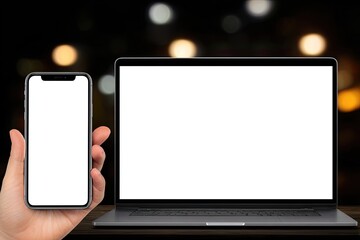 Smartphone and laptop mockup on a table, against a blurred background of lights