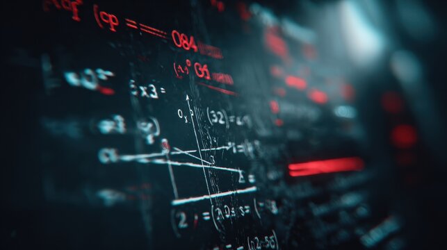 Mathematical Equations With Bright Red Highlights on a Dark Background Showcasing Academic Study and Research in a Modern Setting
