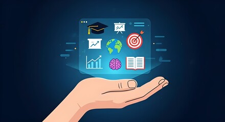 success. interface includes a graduation cap, Education Distance E-learning Online Learning Personal development concept, A human hand open and facing up, holding a with icons education, growth, 