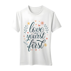 White t-shirt with floral lettering saying love yourself first isolated on a transparent background