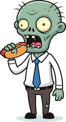 cartoon zombie eating hot dog, funny undead monster, halloween creepy ghoul, humorous horror character, cad drawing flat vector illustration