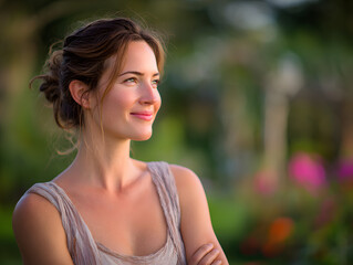 Naklejka premium Serene woman with gentle smile enjoying warm sunlight outdoors with a hopeful, peaceful expression