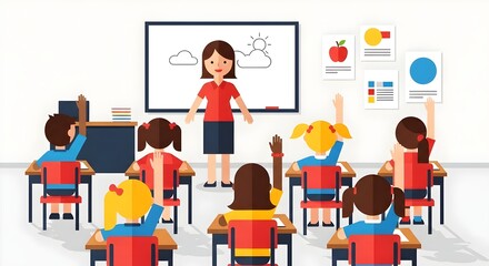 education and school concept little student girl studying at school, classroom with children raising their hands, a female teacher in the background, desks and chairs, whiteboard, posters on the wall.