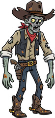 Cartoon zombie cowboy, creepy undead gunslinger, brown hat, red bandana, revolver holster, Halloween horror design, cad drawing flat vector illustration