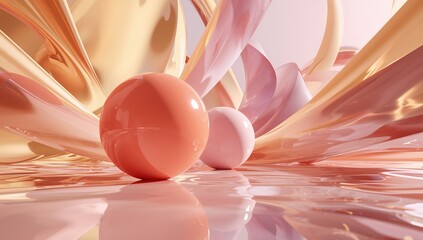 Abstract scene coral spheres on water surface with pink background