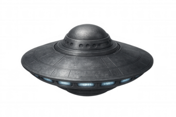 Metallic ufo spacecraft floating, glowing windows visible, sleek saucer silhouette against transparent backdrop