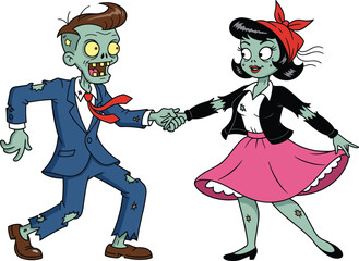 Cartoon dancing zombie couple, creepy undead pair, retro fashion, lively dance pose, Halloween humor design, cad drawing flat vector illustration