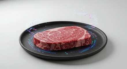 A raw ribeye steak on a black plate with futuristic digital effects.