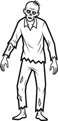 Cartoon skeletal‑faced zombie in tattered clothes, slouched walking pose, eerie undead design, vector illustration for Halloween, spooky horror themes, and creepy seasonal character art