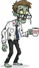 Cartoon zombie office worker, creepy undead businessman, white shirt, blue tie, coffee mug, Monday blues, Halloween humor design, cad drawing flat vector illustration
