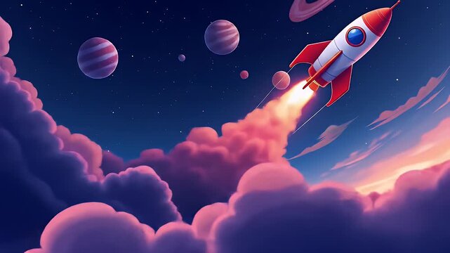 Flat vector illustration of rocket launching into space with planets and stars in the background, symbolizing innovation and discovery.