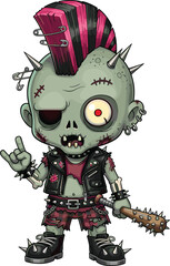 Cartoon punk zombie with mohawk and piercings, spiked club weapon, rock hand gesture, horror and punk fusion, vector illustration for Halloween and music themes
