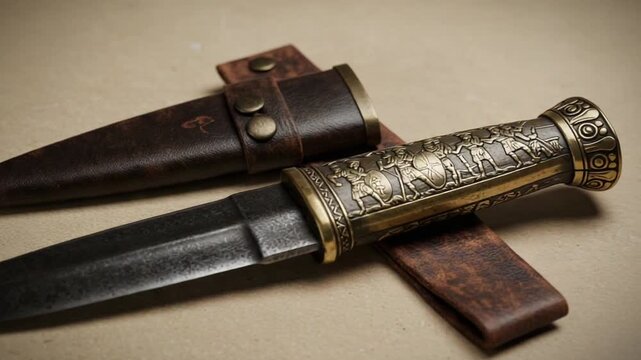 Ornate dagger and sheath on textured surface