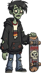 Cartoon zombie skateboarder, creepy undead skater, black hoodie, ripped jeans, skull graphic board, Halloween horror design, cad drawing flat vector illustration