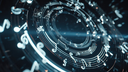 Obraz premium Concentric sound circles with glowing notes illustrate spreading therapeutic music vibrations for mental and physical healing in abstract style