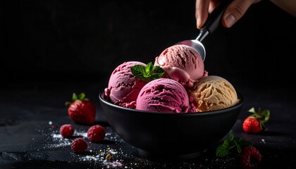 Professional advertising photo of gelato being scooped with a shiny ice cream scoop