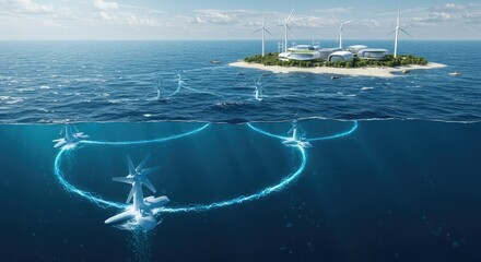 Offshore wind farm with underwater turbines connected to a central island facility powered by wind turbines.
