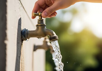 Hand turning on water faucet