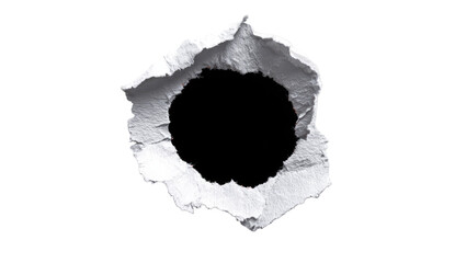A circular hole punched through a white surface, revealing a dark center.  The edges of the hole exhibit irregular, crinkled paper texture