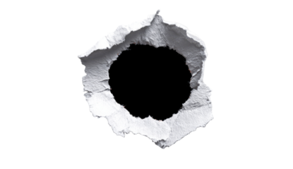 A circular hole punched through a white surface, revealing a dark center.  The edges of the hole exhibit irregular, crinkled paper texture